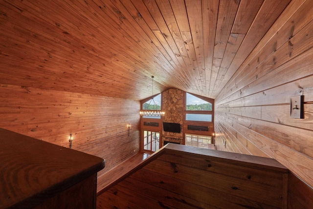 32 Lily Pt, Sparta, GA 31087 - hallway featuring wooden walls, an upstairs landing, wood ceiling, and vaulted ceiling