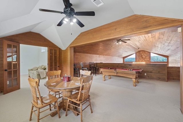 32 Lily Pt, Sparta, GA 31087 - carpeted dining space with wooden walls, lofted ceiling, pool table, and a ceiling fan