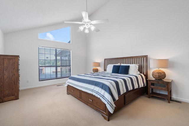 32 Lily Pt, Sparta, GA 31087 - bedroom featuring light carpet, high vaulted ceiling, baseboards, and ceiling fan