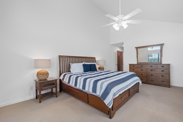 32 Lily Pt, Sparta, GA 31087 - bedroom with light colored carpet, high vaulted ceiling, baseboards, and a ceiling fan