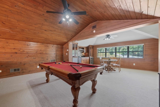 32 Lily Pt, Sparta, GA 31087 - playroom featuring wood walls, a ceiling fan, lofted ceiling, carpet, and billiards table