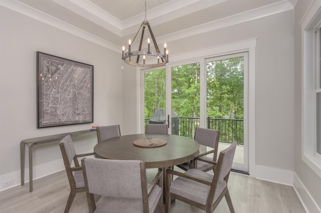 dining room featuring a notable chandelier, a tray ceiling, and light hardwood / wood-style flooring