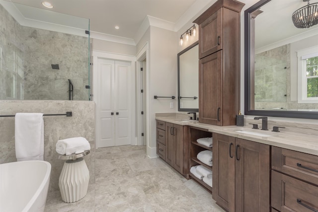 bathroom featuring vanity, shower with separate bathtub, tile walls, and crown molding