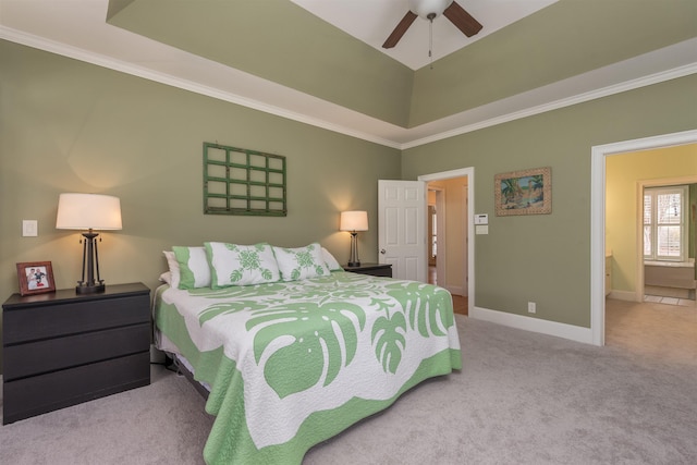 bedroom featuring light carpet, ornamental molding, and ceiling fan