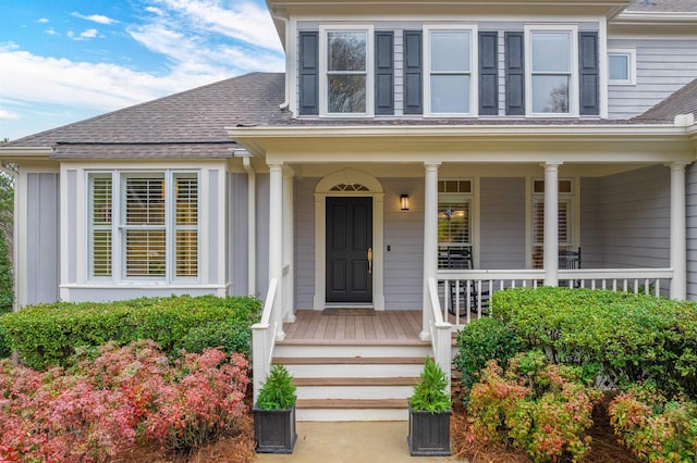 view of exterior entry with a porch