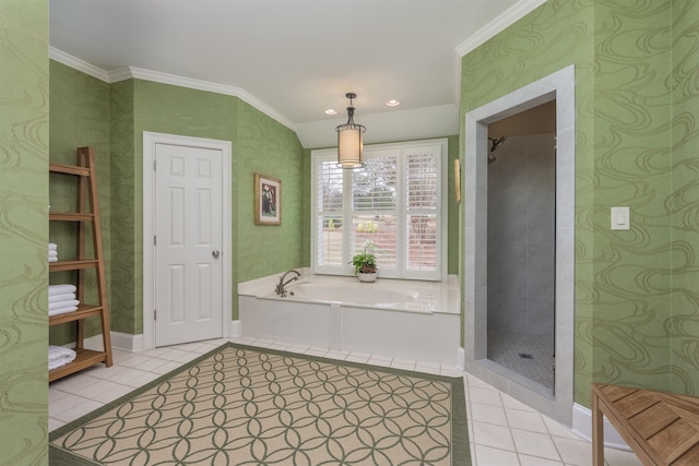 bathroom with crown molding, tile patterned floors, and independent shower and bath