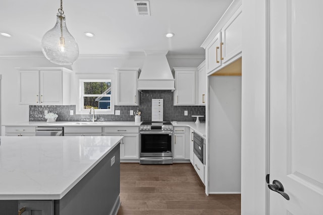 kitchen featuring visible vents, ornamental molding, custom range hood, a sink, and appliances with stainless steel finishes