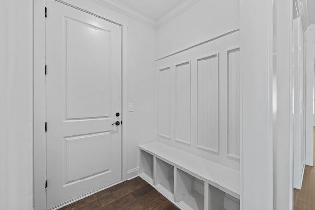 mudroom with dark wood-type flooring and ornamental molding