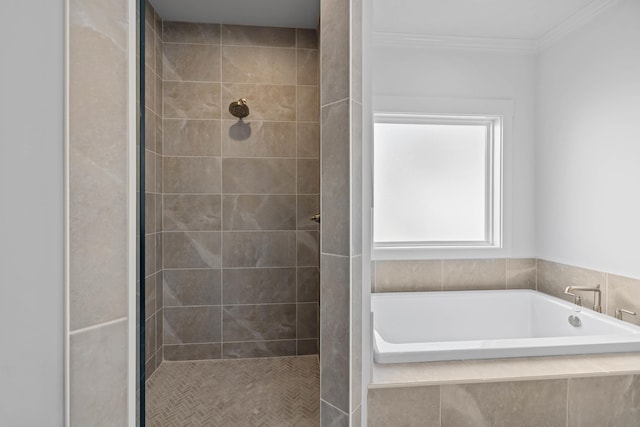 full bathroom featuring crown molding, a bath, and a stall shower