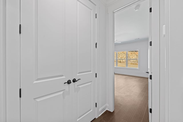 corridor featuring baseboards and dark wood-style flooring