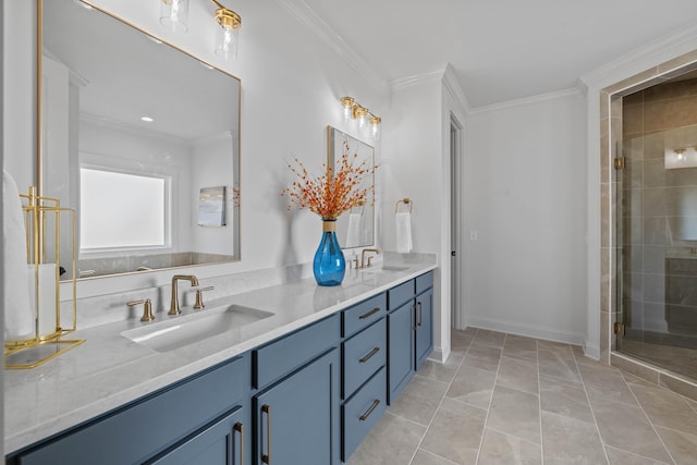 full bath featuring crown molding, double vanity, a stall shower, and a sink