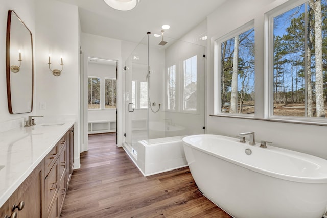 bathroom featuring vanity, hardwood / wood-style floors, and shower with separate bathtub