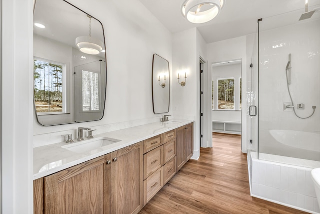 bathroom with vanity, a healthy amount of sunlight, hardwood / wood-style floors, and walk in shower