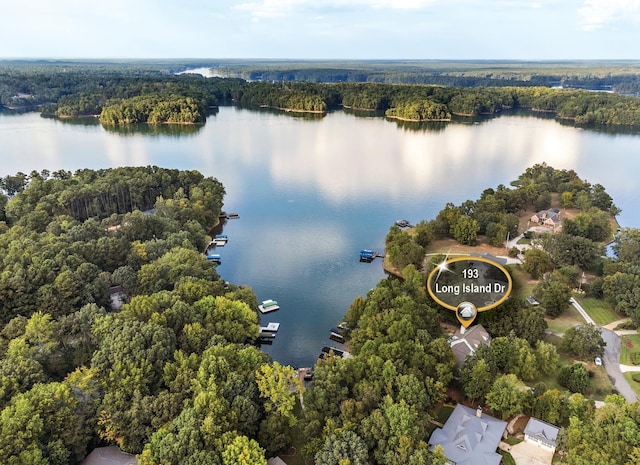 birds eye view of property featuring a view of trees and a water view