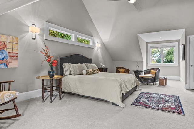 carpeted bedroom featuring lofted ceiling