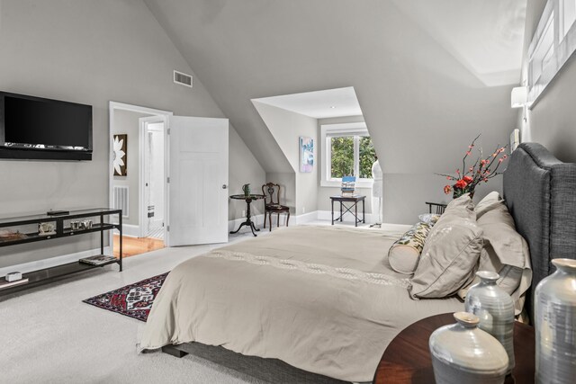 bedroom with visible vents, high vaulted ceiling, baseboards, and carpet floors