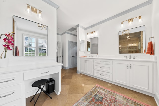 1191 Linger Longer Dr, Greensboro, GA 30642 - bathroom featuring double vanity, ornamental molding, and a shower
