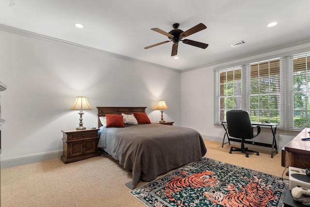 1191 Linger Longer Dr, Greensboro, GA 30642 - bedroom featuring light colored carpet, recessed lighting, crown molding, a desk, and ceiling fan