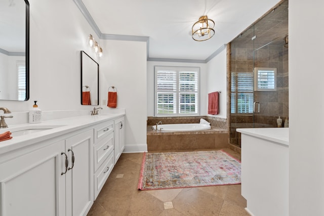 1191 Linger Longer Dr, Greensboro, GA 30642 - full bath featuring crown molding, a bath, double vanity, a stall shower, and tile patterned flooring