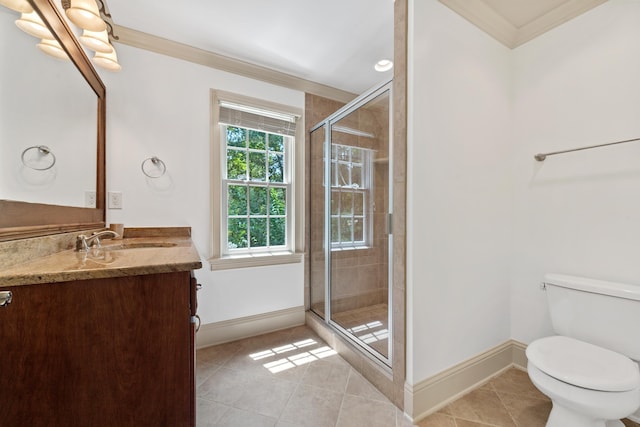 1191 Linger Longer Dr, Greensboro, GA 30642 - bathroom featuring tile patterned flooring, crown molding, vanity, and a shower stall