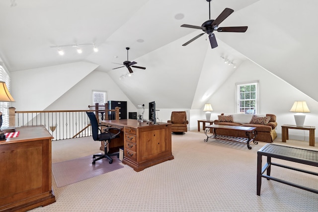 1191 Linger Longer Dr, Greensboro, GA 30642 - office with rail lighting, light colored carpet, a ceiling fan, and lofted ceiling