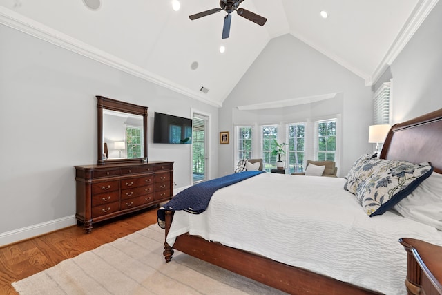 1191 Linger Longer Dr, Greensboro, GA 30642 - bedroom with high vaulted ceiling, wood finished floors, ceiling fan, and recessed lighting