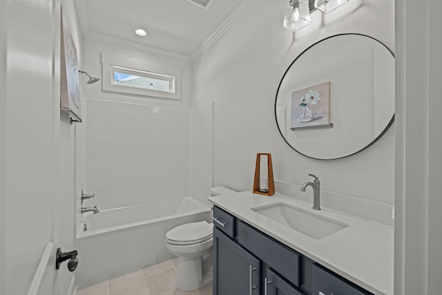 bathroom with toilet, tile patterned floors, crown molding, vanity, and shower / bathing tub combination