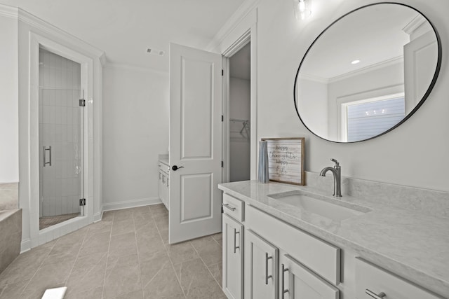 bathroom with visible vents, a stall shower, vanity, and crown molding