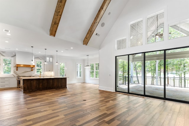 unfurnished living room with sink, beam ceiling, dark wood-type flooring, and high vaulted ceiling