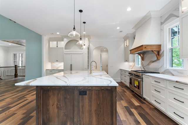 kitchen featuring sink, custom exhaust hood, high quality appliances, pendant lighting, and a large island