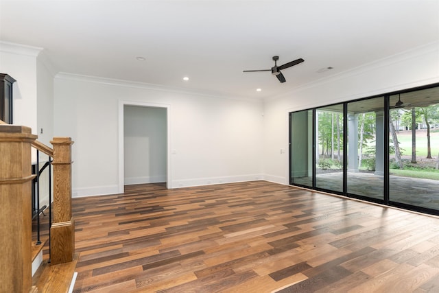 unfurnished living room with crown molding, hardwood / wood-style floors, and ceiling fan