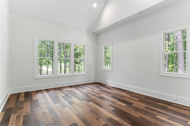 unfurnished room featuring dark hardwood / wood-style floors and high vaulted ceiling