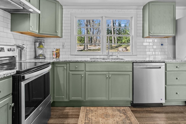 kitchen featuring green cabinets, dark hardwood / wood-style flooring, sink, light stone counters, and appliances with stainless steel finishes