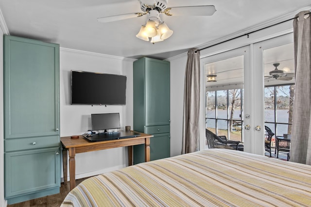 bedroom featuring french doors, access to exterior, ceiling fan, and dark hardwood / wood-style flooring