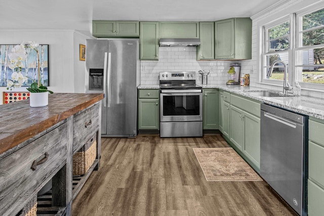 kitchen featuring extractor fan, green cabinets, and stainless steel appliances