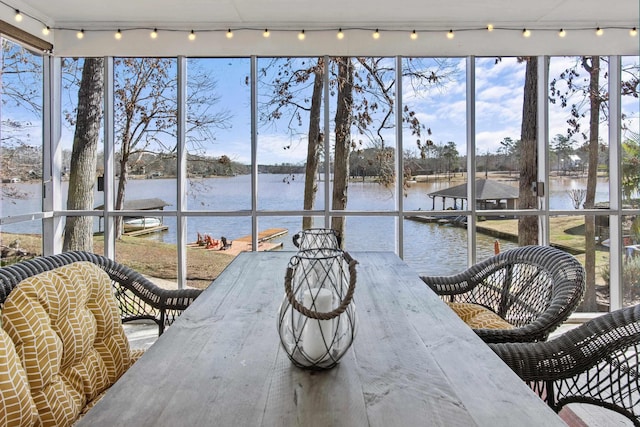 sunroom with a water view and track lighting