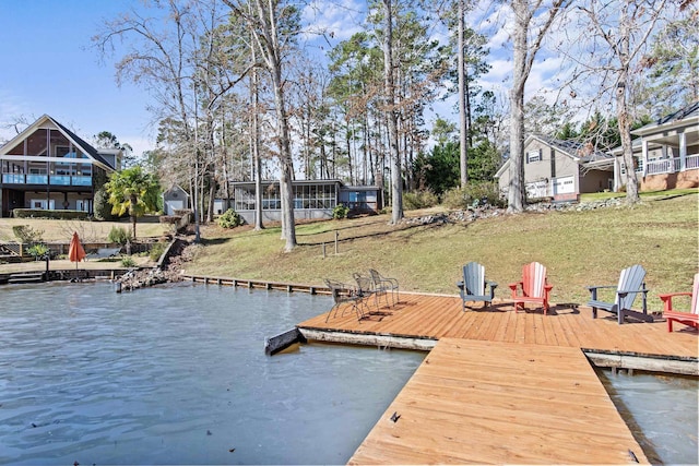 dock area with a yard and a water view