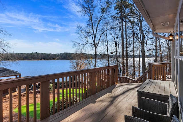 wooden terrace featuring a water view