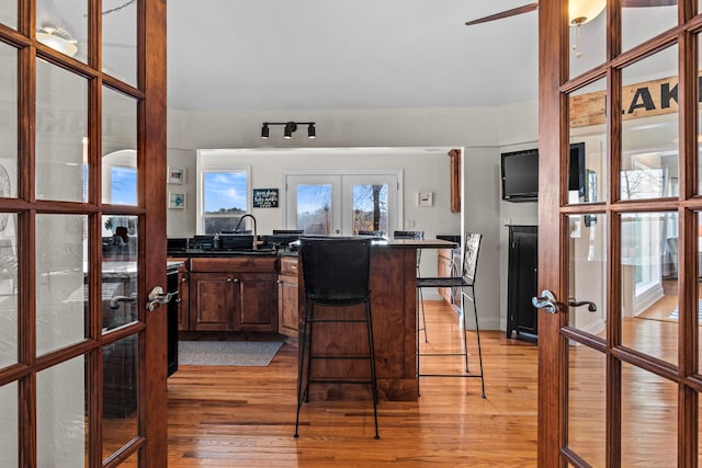 bar featuring light wood-style floors, french doors, and a sink