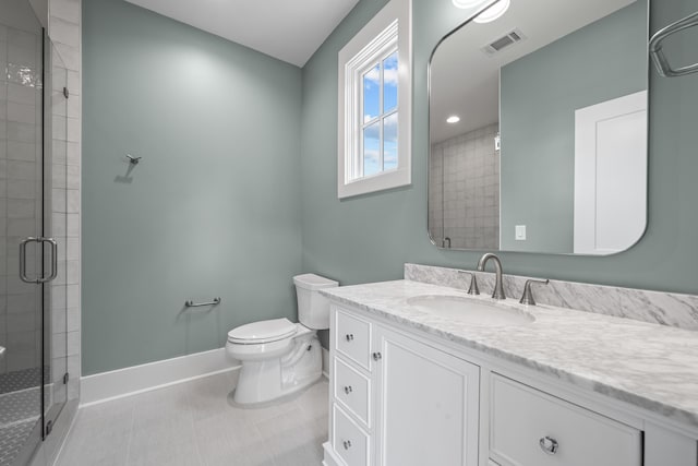 bathroom featuring toilet, a stall shower, visible vents, and baseboards