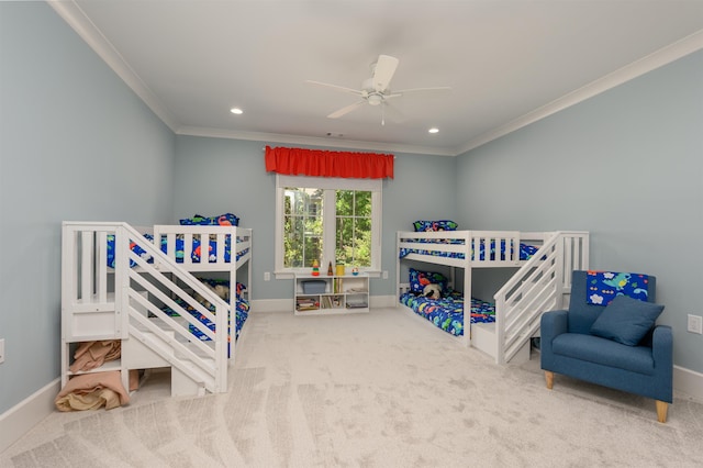 1300 Lake Club Dr, Greensboro, GA 30642 - bedroom with ornamental molding, carpet floors, baseboards, recessed lighting, and a ceiling fan