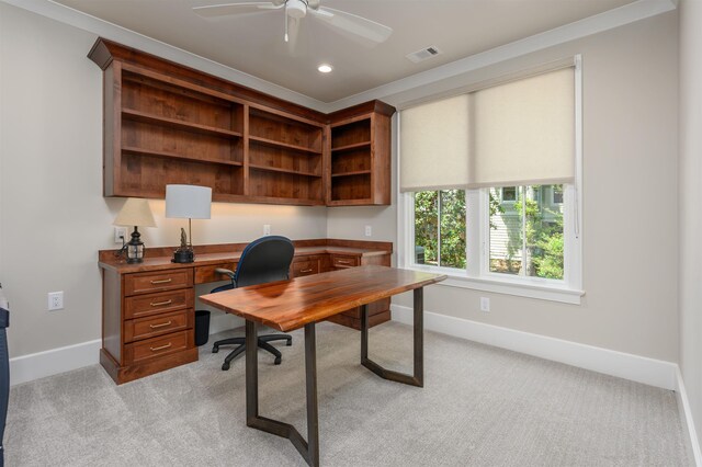 1300 Lake Club Dr, Greensboro, GA 30642 - office space featuring baseboards, light colored carpet, a ceiling fan, crown molding, and recessed lighting