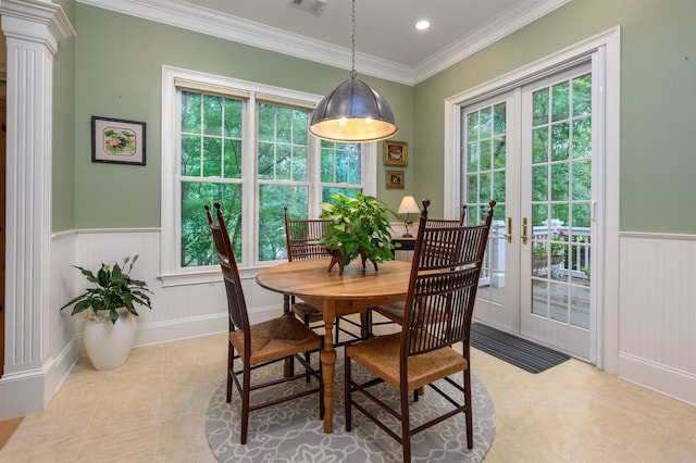 1320 Dejarnet Pl, Greensboro, GA 30642 - tiled dining area with healthy amount of natural light, a wainscoted wall, crown molding, and french doors