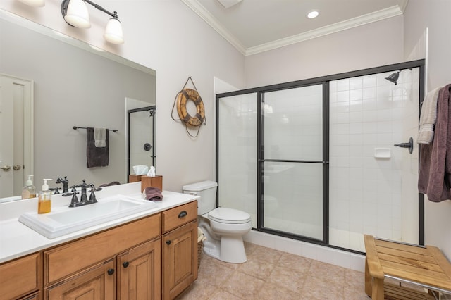 1320 Dejarnet Pl, Greensboro, GA 30642 - full bathroom featuring ornamental molding, vanity, a stall shower, and tile patterned floors