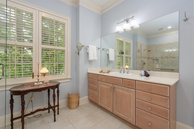 1320 Dejarnet Pl, Greensboro, GA 30642 - full bathroom featuring vanity, a tile shower, tile patterned floors, and ornamental molding