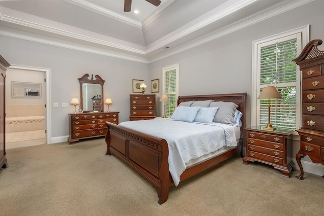 1320 Dejarnet Pl, Greensboro, GA 30642 - bedroom featuring light colored carpet, ornamental molding, a tray ceiling, a ceiling fan, and connected bathroom