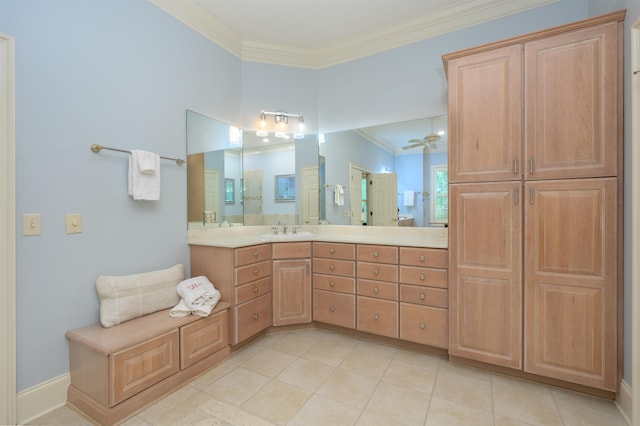 1320 Dejarnet Pl, Greensboro, GA 30642 - full bath with crown molding, vanity, tile patterned floors, and ceiling fan