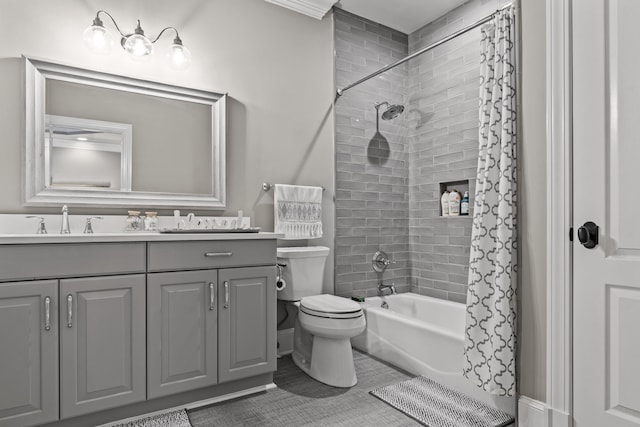 full bathroom with vanity, shower / bath combination with curtain, tile patterned floors, and toilet