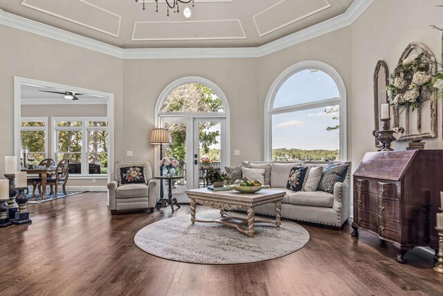 living room with a high ceiling, ornamental molding, dark hardwood / wood-style flooring, and french doors