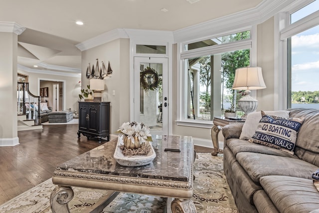 living room featuring ornamental molding and dark hardwood / wood-style floors